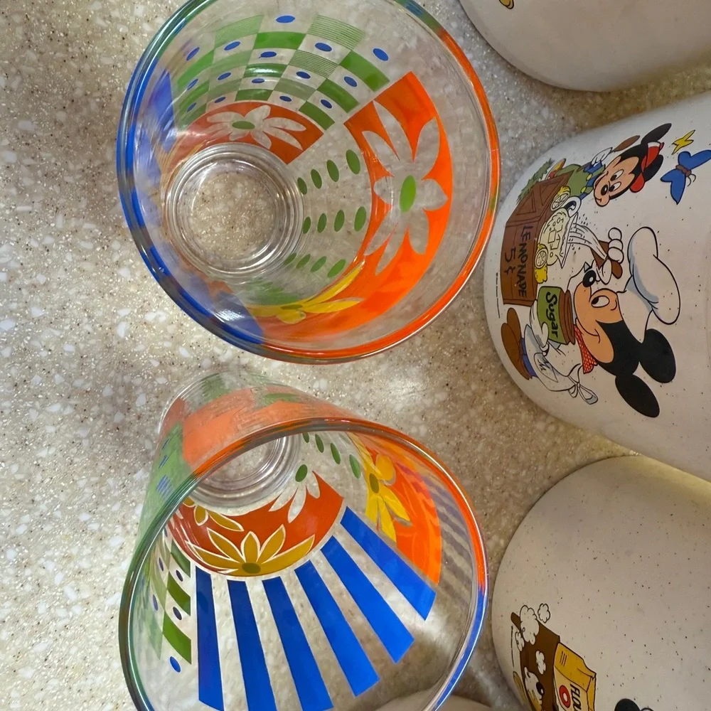 2 Vintage KIG  Multi Color 6” Glasses Tumblers Orange Blue Green Yellow Flower